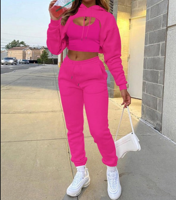 Drawstring Solid Color Hoodie Long Sleeve Drawstring Trousers Vest Three-Piece Suit