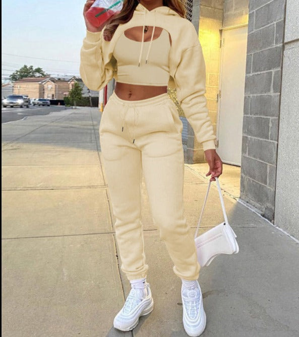 Drawstring Solid Color Hoodie Long Sleeve Drawstring Trousers Vest Three-Piece Suit