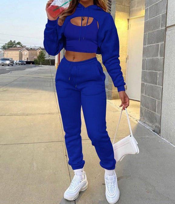 Drawstring Solid Color Hoodie Long Sleeve Drawstring Trousers Vest Three-Piece Suit