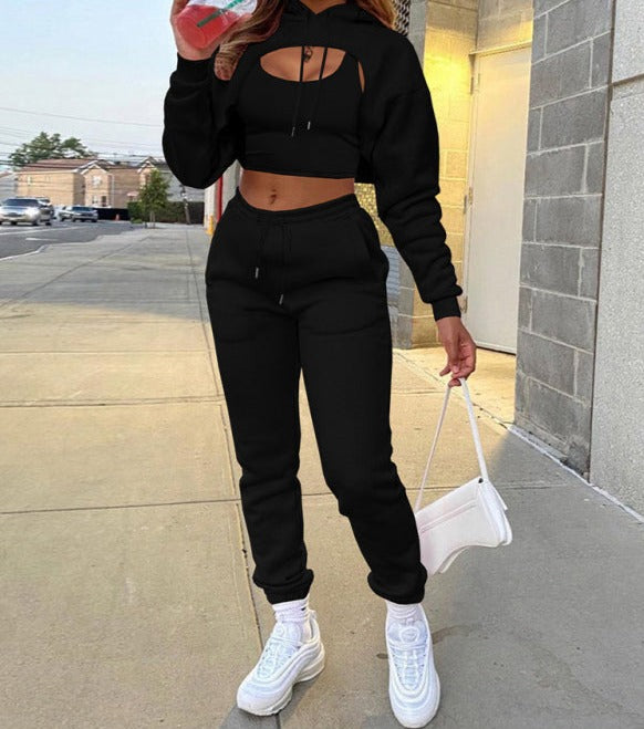 Drawstring Solid Color Hoodie Long Sleeve Drawstring Trousers Vest Three-Piece Suit