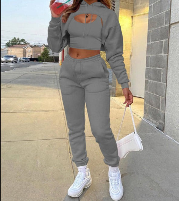Drawstring Solid Color Hoodie Long Sleeve Drawstring Trousers Vest Three-Piece Suit