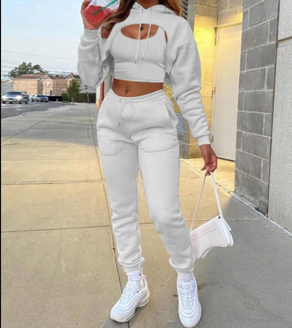 Drawstring Solid Color Hoodie Long Sleeve Drawstring Trousers Vest Three-Piece Suit