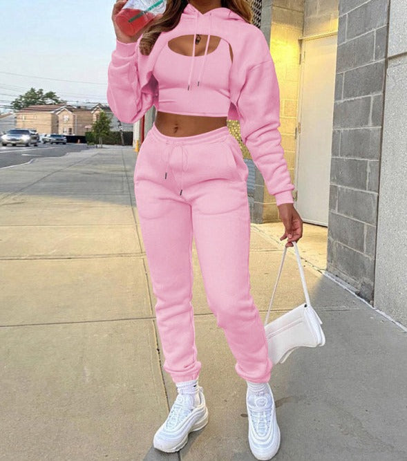 Drawstring Solid Color Hoodie Long Sleeve Drawstring Trousers Vest Three-Piece Suit