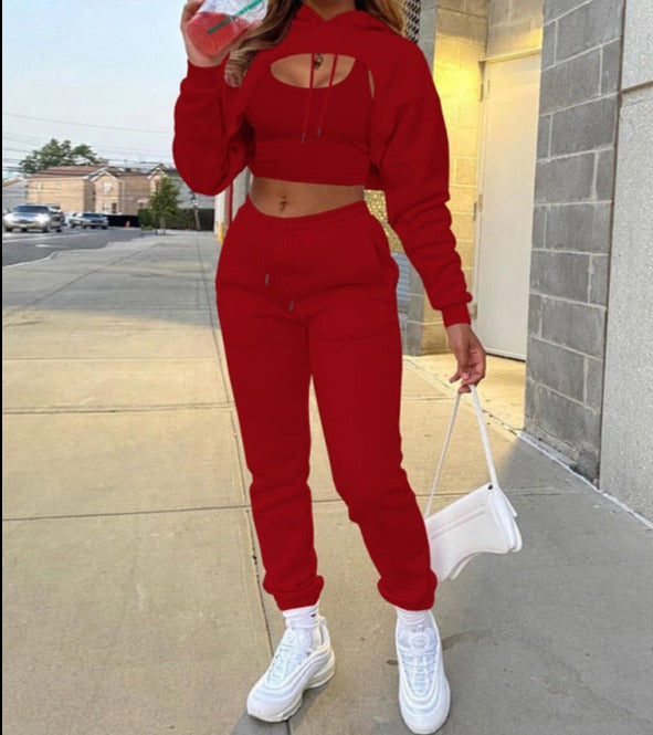 Drawstring Solid Color Hoodie Long Sleeve Drawstring Trousers Vest Three-Piece Suit